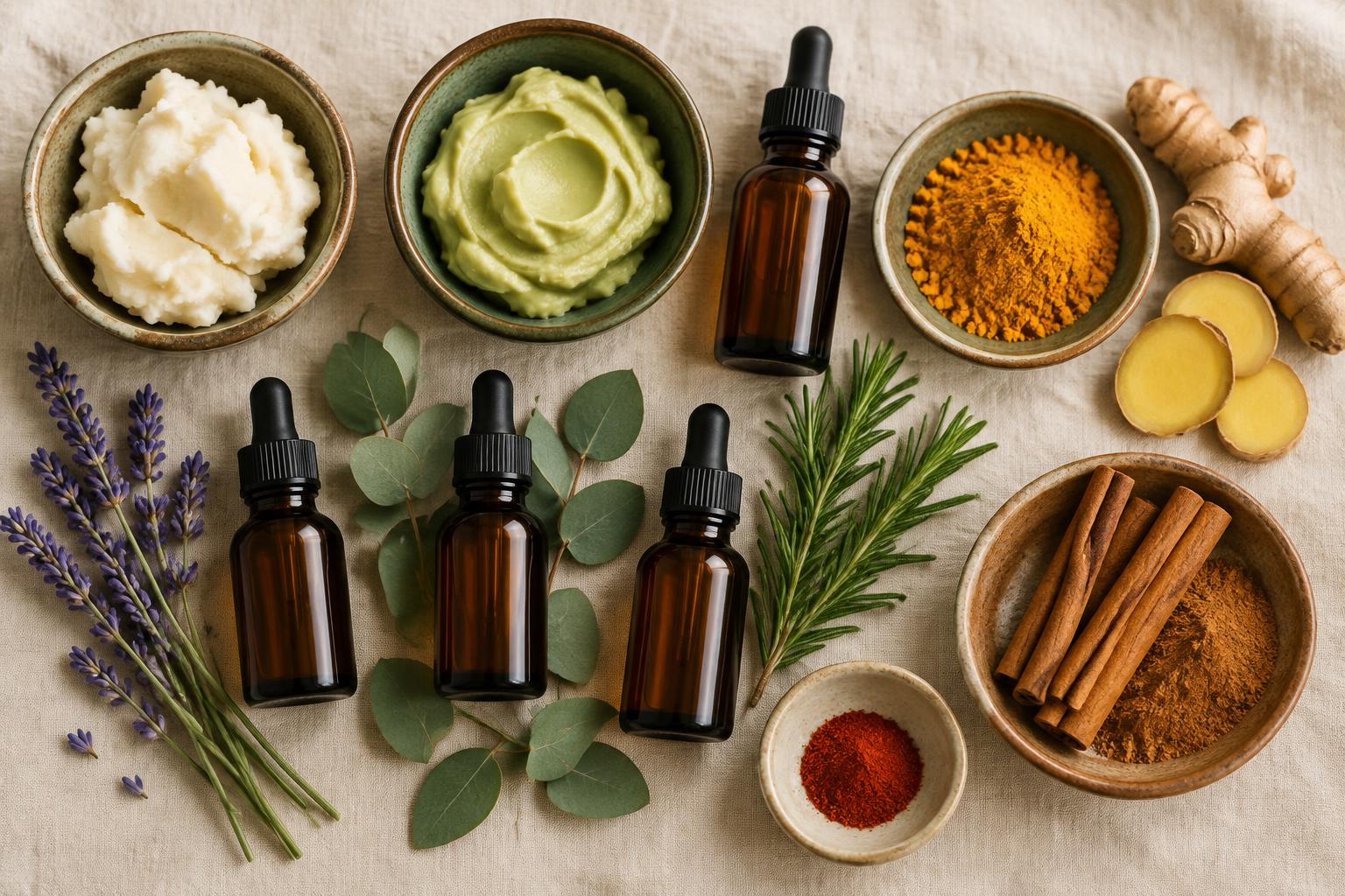 Flat lay of the 11 USDA organic ingredients in Truth Balm: shea butter, avocado butter, frankincense oil, turmeric, ginger, lavender oil, eucalyptus oil, tea tree oil, rosemary extract, cinnamon, and capsaicin